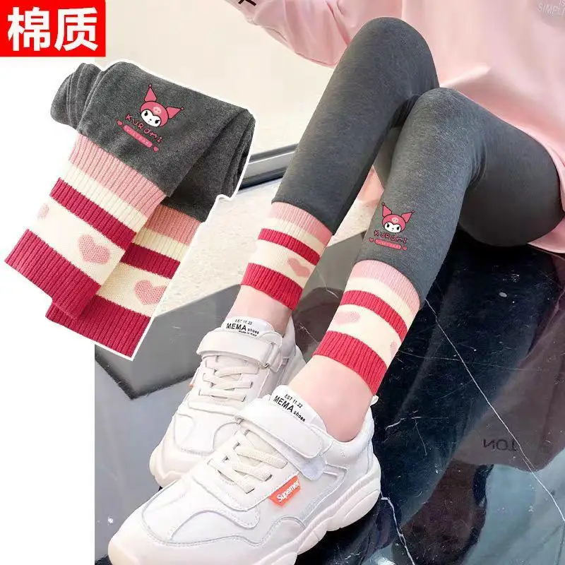 Sanrios Girl Leggings Spring Autumn Anime Figure Velvet Thicken Kuromi Wear Outside Keep Warm Kawaii Cartoon Child Pants