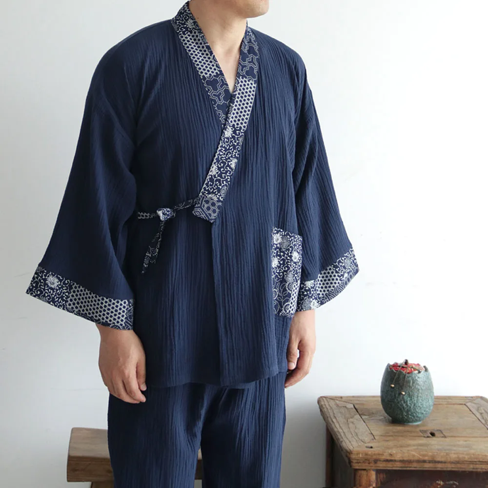 Pure Cotton Mens Pajamas Set Japanese Kimono Plus Size Long Sleeve Pant Suit Casual Comfortable Home Service Two-piece Sleepwear