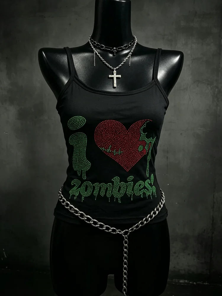 Rhinestone Zombie Graphic Print Cami Top Women Black Y2K Aesthetic Goth Top