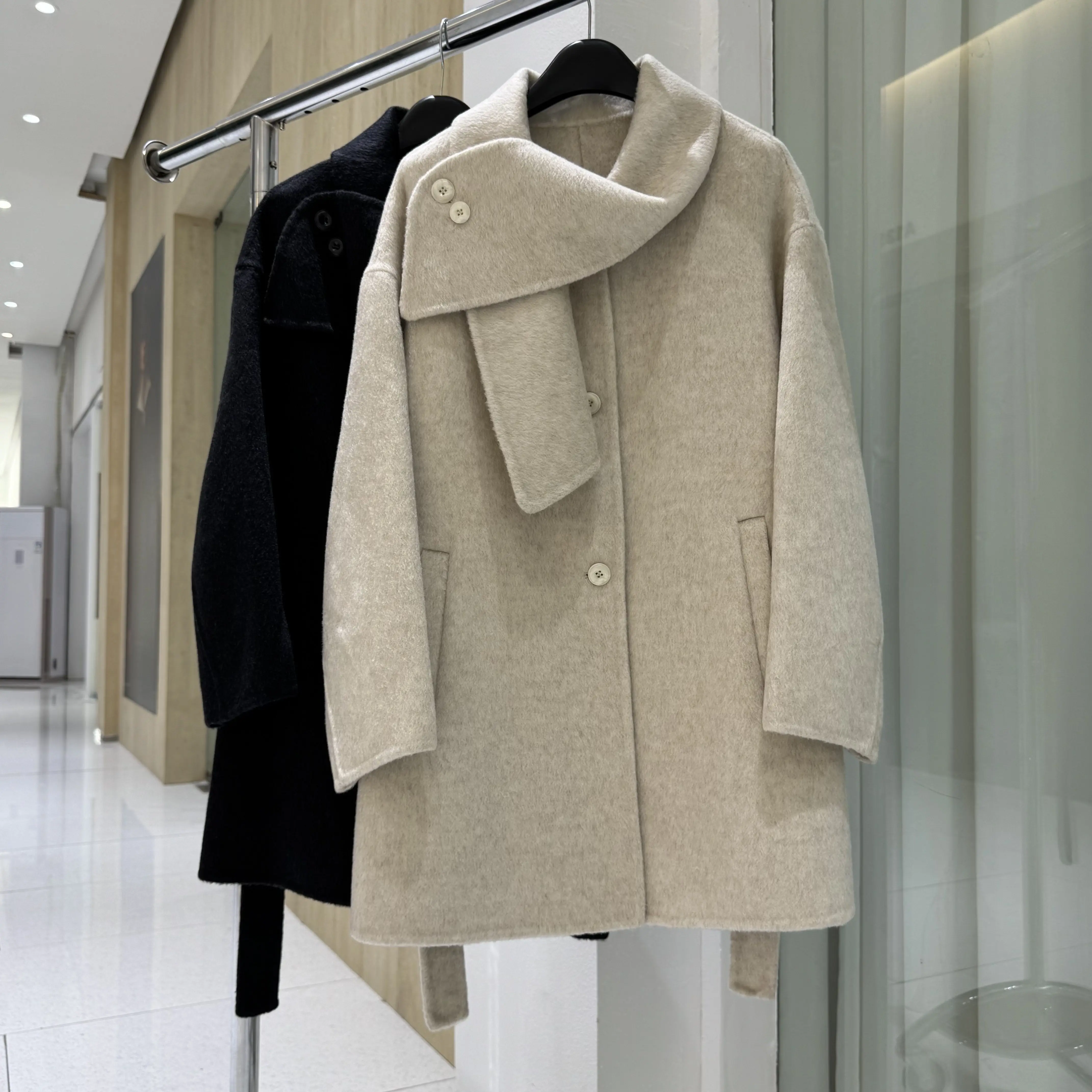 Premium Scarf Collar Double Faced Cashmere Coat Women Mid Length Korean Loose Woolen Outerwear 2026 Autumn Winter New