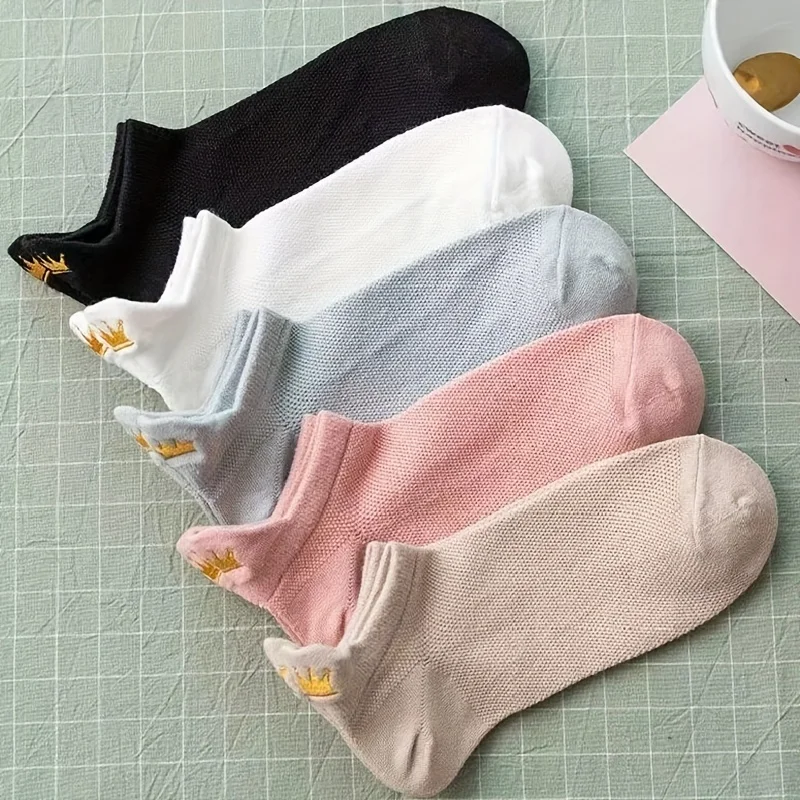 5 pairs of women\'s short socks summer thin crown women\'s boat socks cartoon Printed pattern women\'s socks
