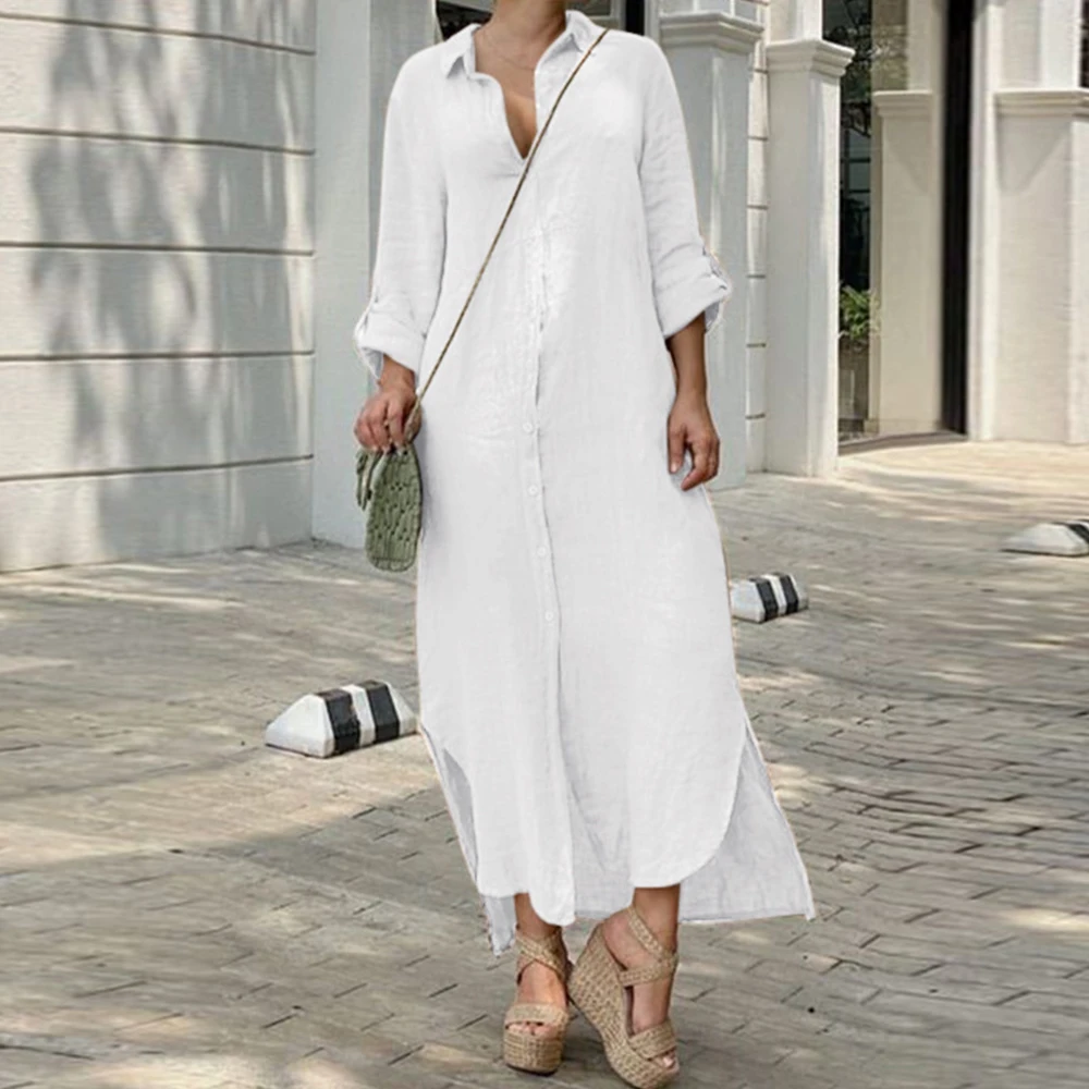 Plus Size bawełniana długa lniana sukienka dla kobiet odzież 2023 jesienna koszulka Oversize Vestido sukienka damska luźny, biały czarna spódnica