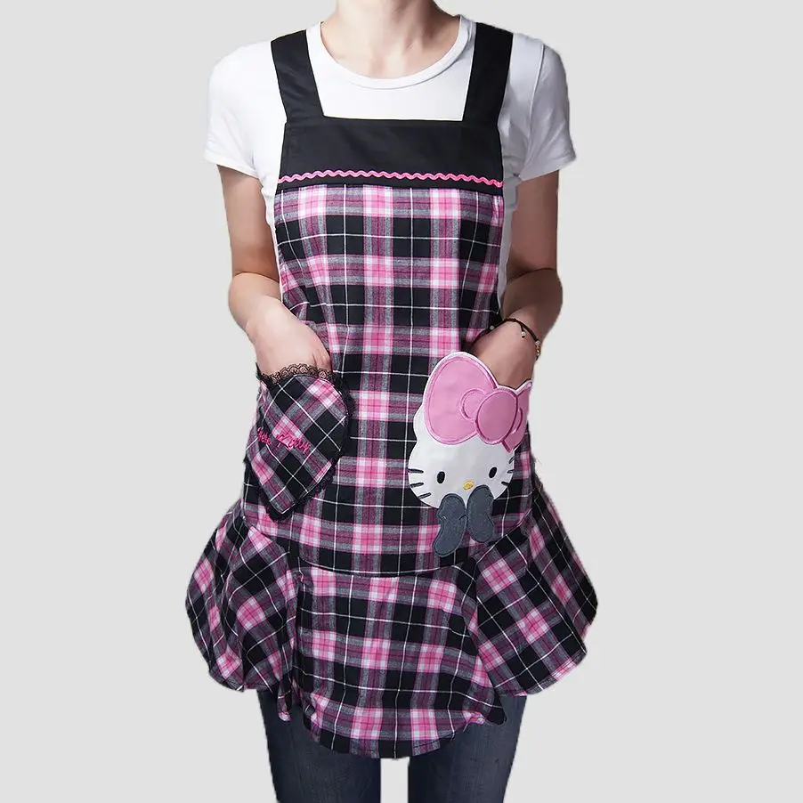 Japanese Hello Kitty Good Kitchen Apron Woman Thick Cotton Cooking Avental de Cozinha Divertido Pinafore Apron Dress Vintage