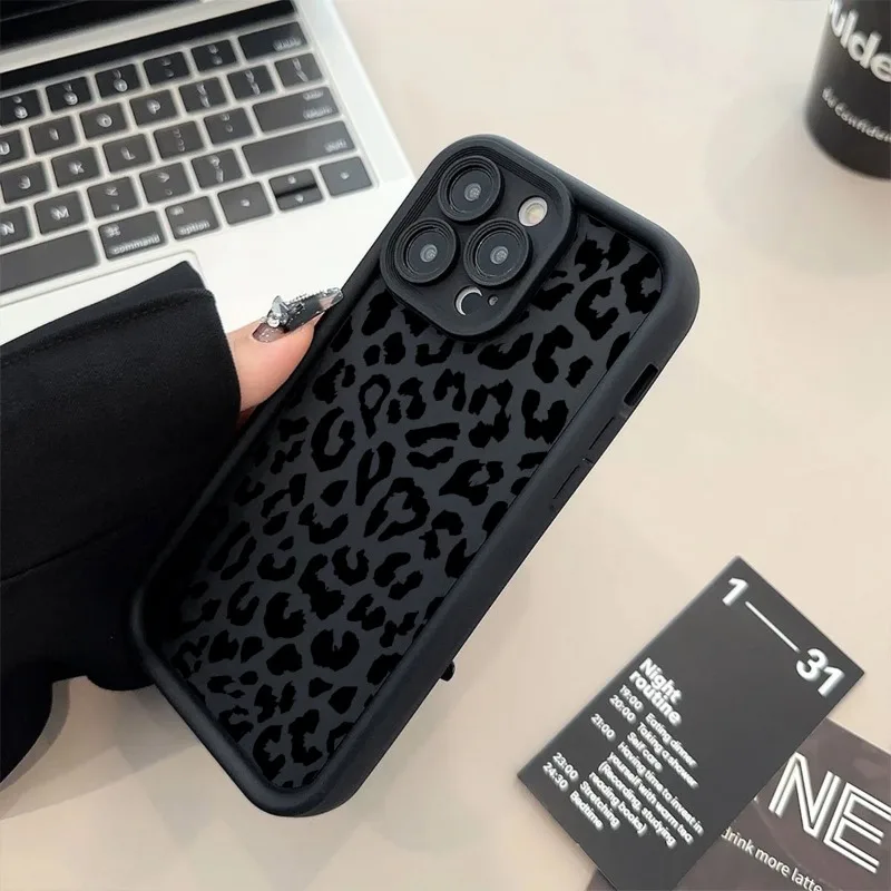 Black Leopard Print Pattern Silicone Phone Case For iPhone 11 12 13 14 15 16 Pro Max 14 15 Plus Shockproof Soft Cover