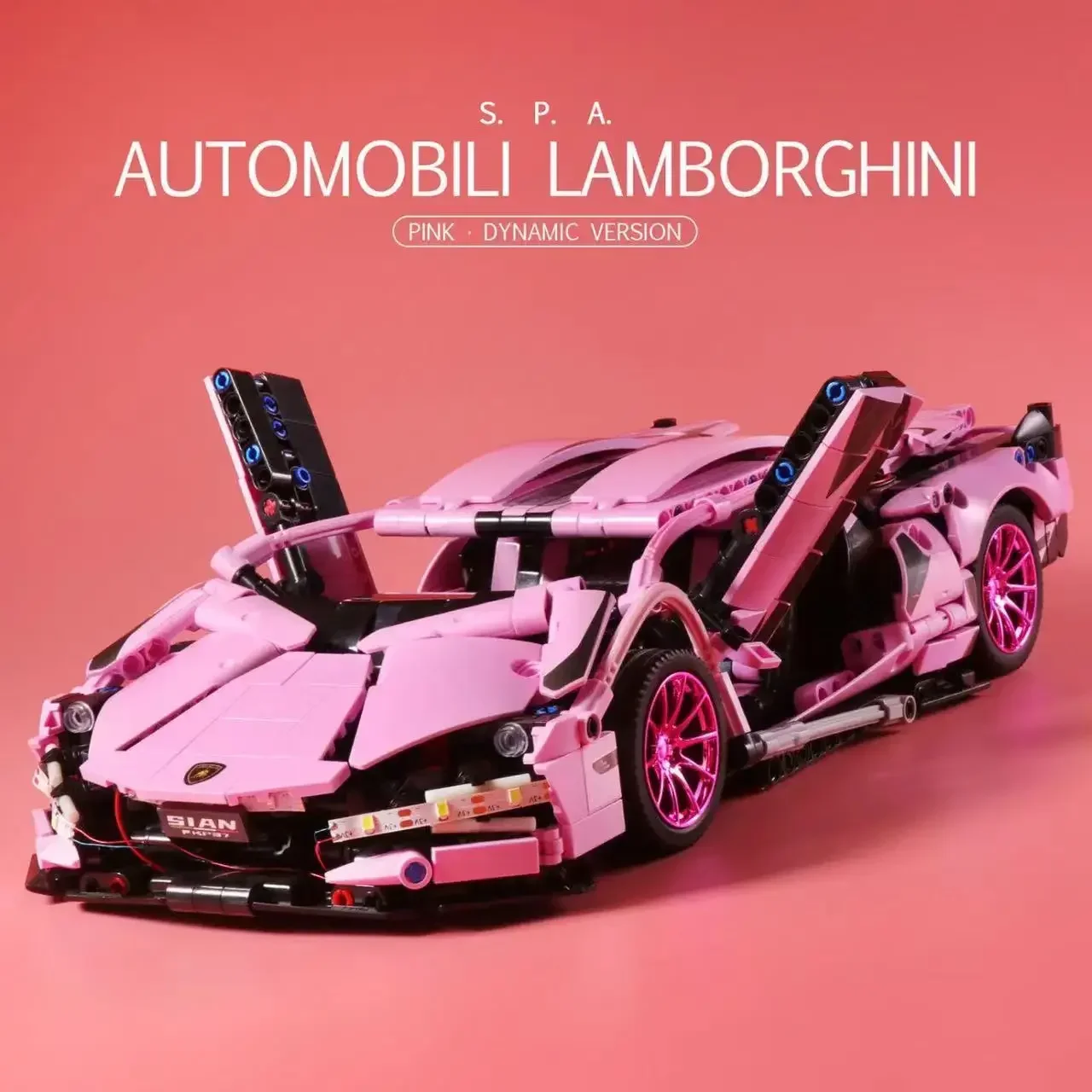 1280PCS Technical 1:14 Pink Lambo Super Sports Car Building Blocks MOC City Speed Vehicle Assemble Bricks Toys For Kids Boys