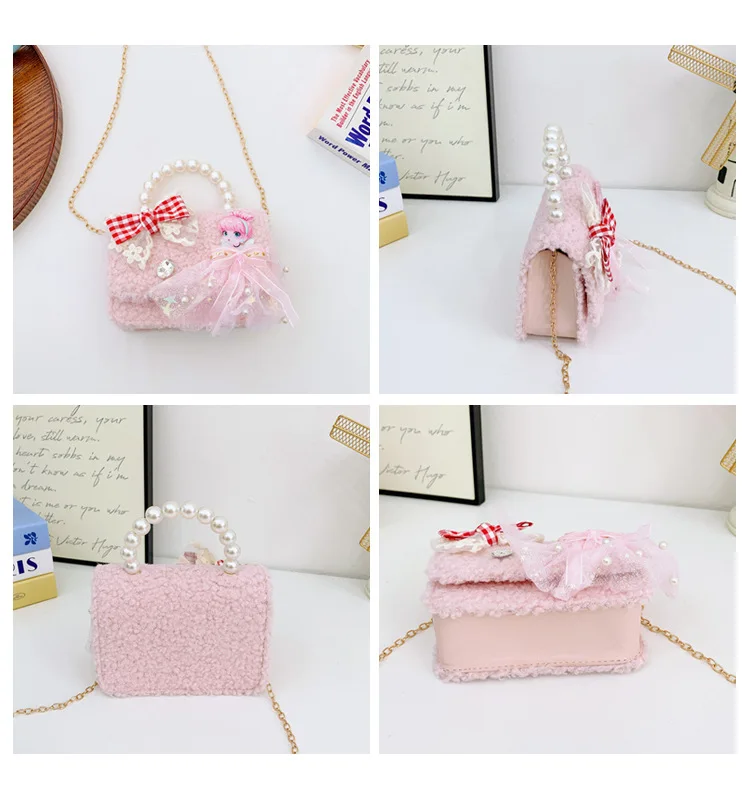 لؤلؤة مقبض الفتيات لطيف الأميرة أفخم حقائب الكتف الحلو القوس الأطفال مربع حقيبة ساعي الشتاء سلسلة محفظة حقائب اليد هدية