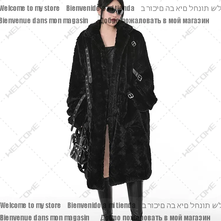 Winter Cool Long Loose Casual Soft Thick Warm Black Fuzzy Faux Fur Coat Women Stand Collar Punk Style Fluffy Jacket 2023