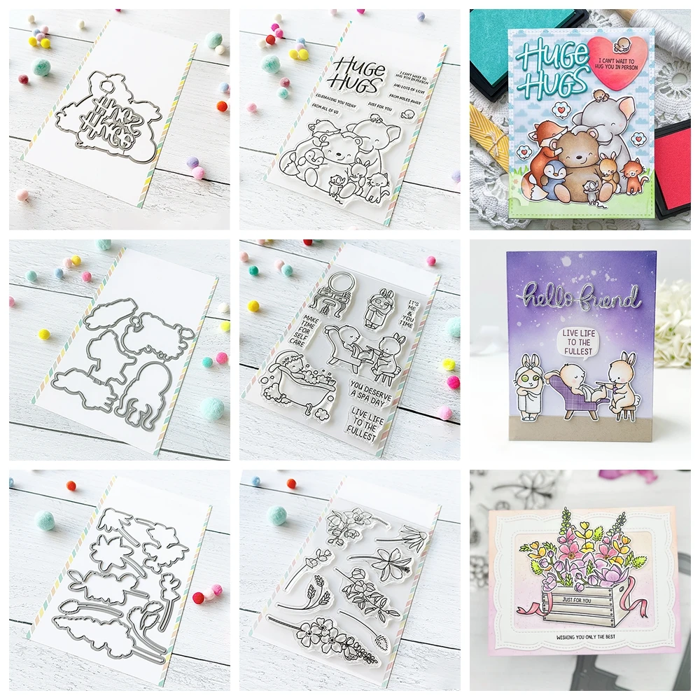 Niedlicher Kaninchenbär, riesige Umarmungen, klare Stempel, Metall-Stanzformen, elegante Blumenzweig-Silhouette, Stanzformen für DIY-Feiertage, Papier, Karten, Basteln