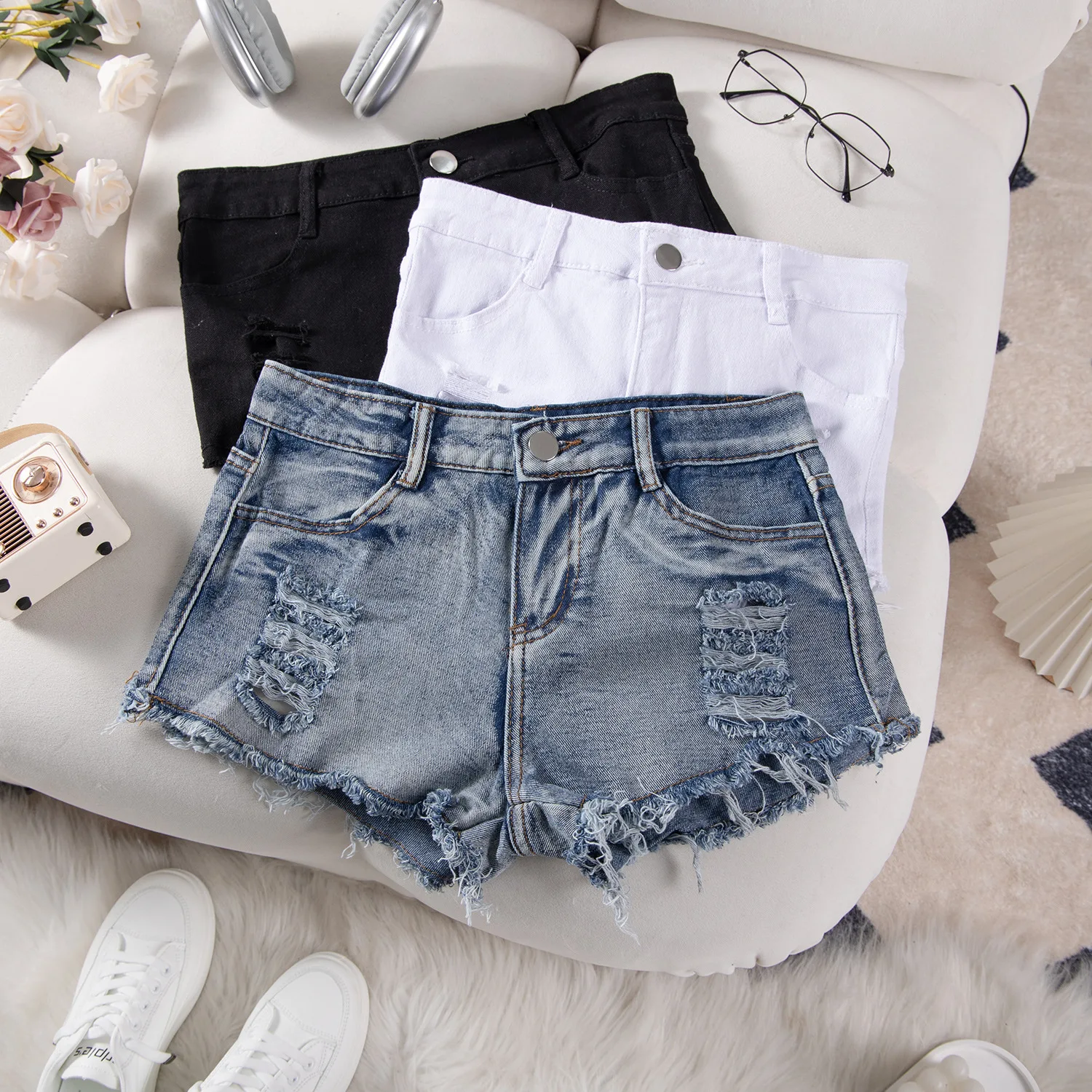 Autunno nuovo discoteca donna sexy a vita alta con foro strappato pantaloncini di jeans pantaloni caldi jeans