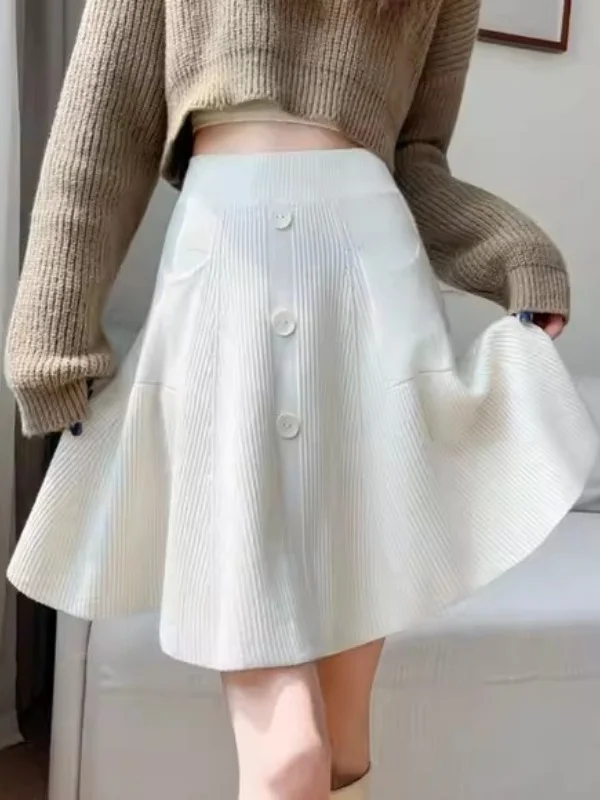 

Loose Sle Knitted f Skirt Women's High Waist A-Line Pleated ort Skirt Slimming Autumn Winter Polyester Fiber