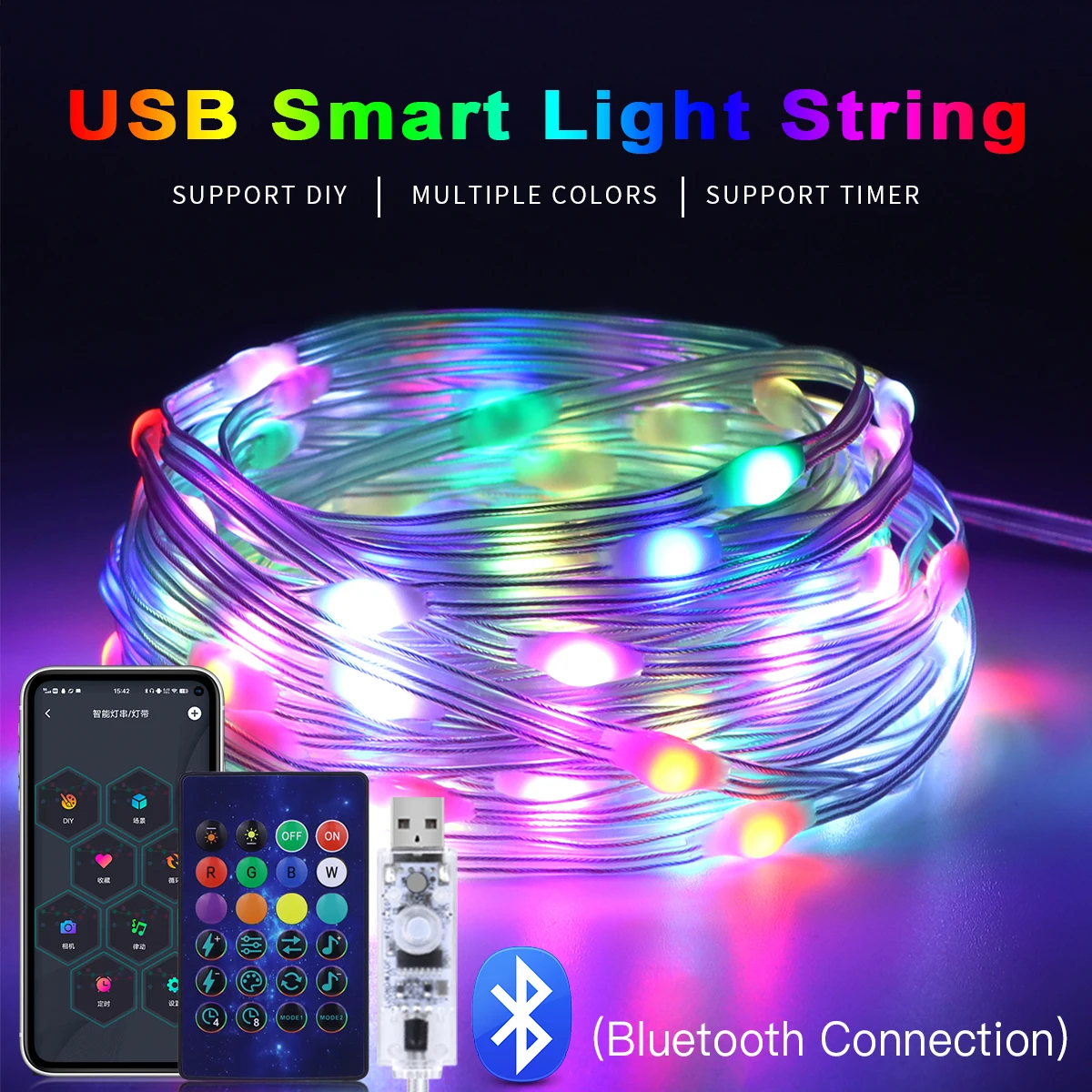 

Programmable 5V USB LED Fairy String Light RGBIC WS2811 Smart Bluetooth APP Control DIY Curtain Garden Christmas Lights Decorati