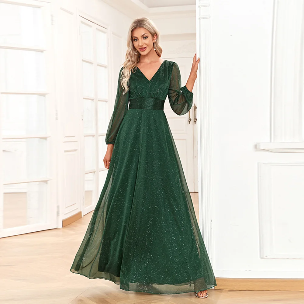 

BCKQ Elegant Green Long Sleeved V-neck Wedding Party Dress h Hgh-quality Simple Bridesmaid Dress Evening Grown Dress Plus Size