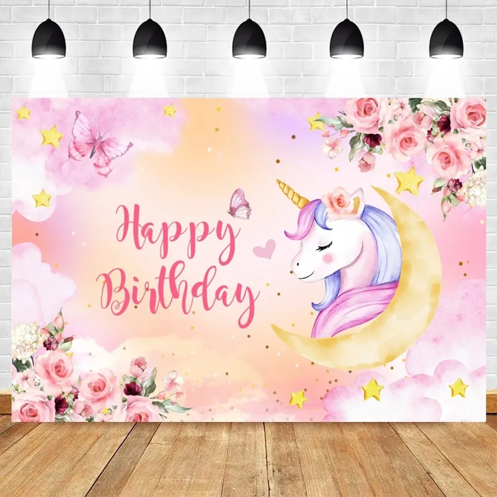 Rainbow Unicorn Background Birthday Party Custom Decoration Floral Glitter Star Flower Banner Baby Shower Photo Studio Shoots