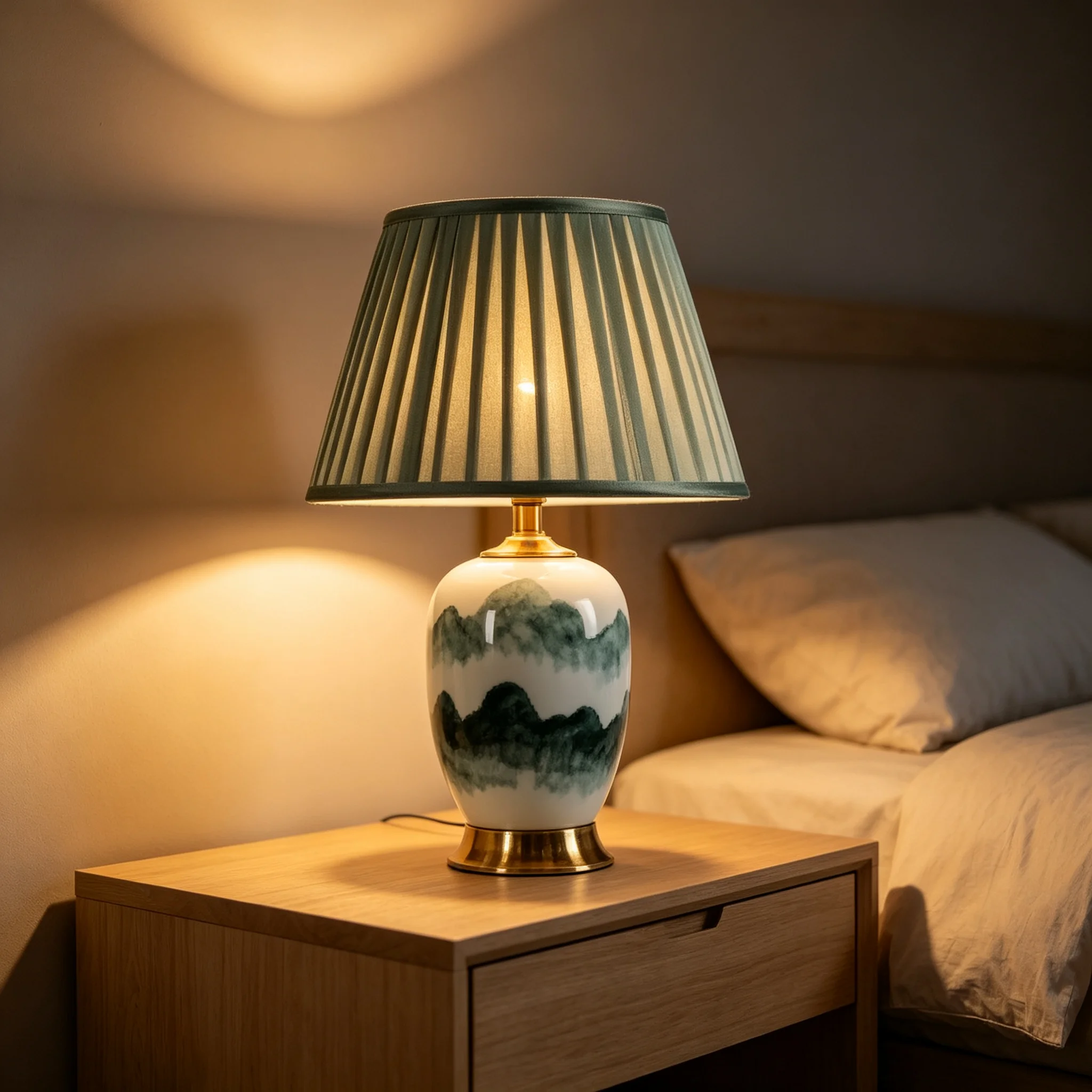 New Chinese Style Ink Wash Painting Ceramic Light Fixture Bedroom Beside Lamp Study Book Lighting Dining Room Decor Illumination