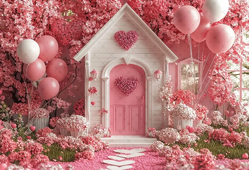 Mehofondการถ่ายภาพพื้นหลังวันวาเลนไทน์บ้านสีชมพูดอกไม้บอลลูนรักเด็กวันเกิดPortrait DecorฉากหลังPhoto Studio