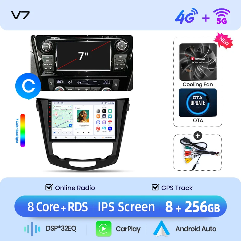 Junsun draadloze CarPlay- en Android Auto-autoradio voor Nissan Qashqai (J11) / X-Trail (T32) 2013-2017, met ingebouwde koelventilator, Android GPS-navigatie, multimedia-speler, WiFi, DSP, RDS, BT,