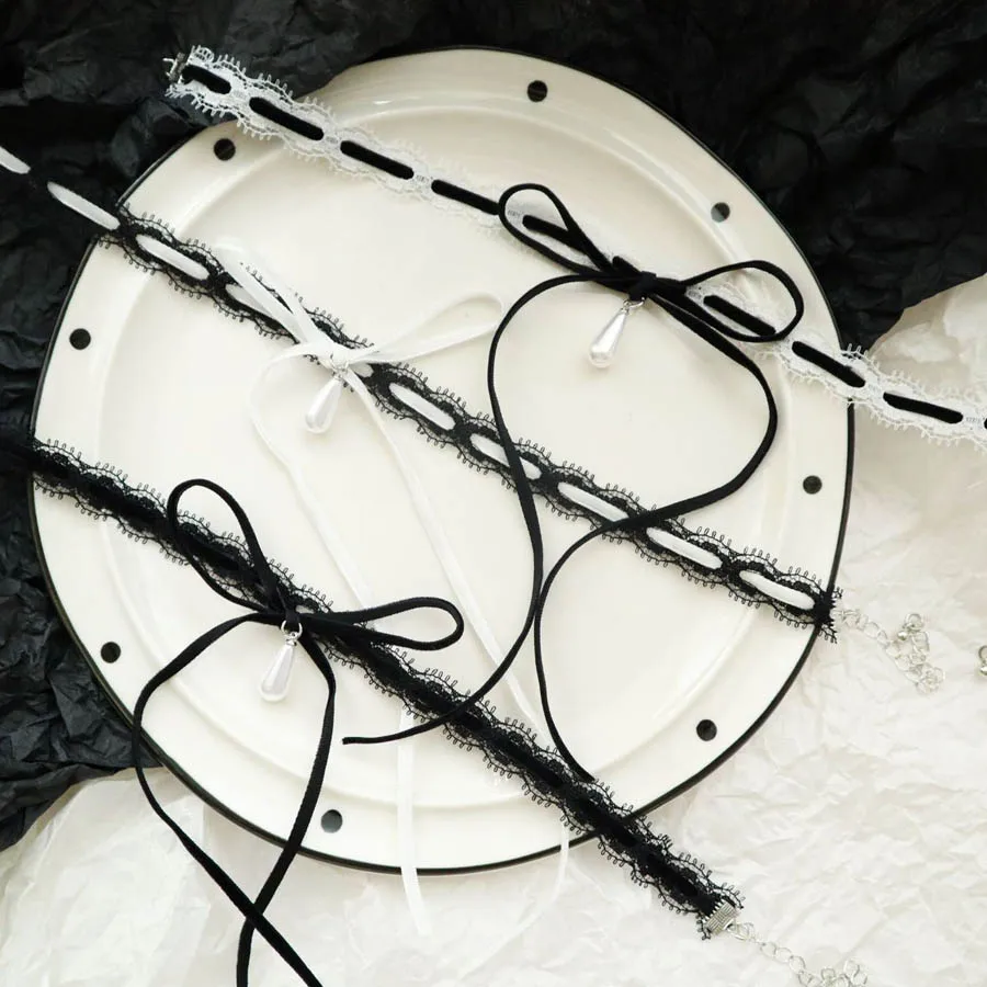 Black Lace Sexy Choker for Women Fashion Bow Droplet Pearl Pendant Necklace Clavicle Lady Jewelry Accessories Girl Gift