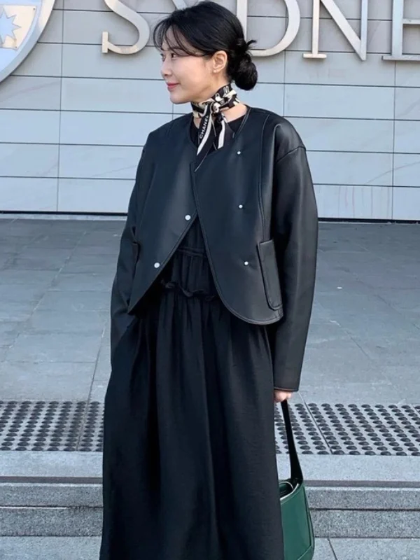 봄 패션 시크 빈티지 비대칭 메탈 블루 PU 가죽 자켓 여성용 다용도 롱 슬리브 코트 스트레이트 컷 슬레