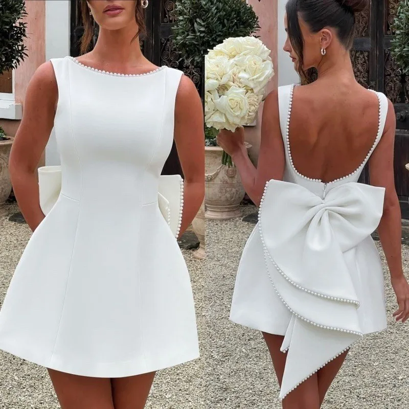 

Sexy Mini Dress Elegant Pearl Bow Backless Women's solid color Party Short Dresses Birthday Evening Wedding Fashion Vestido