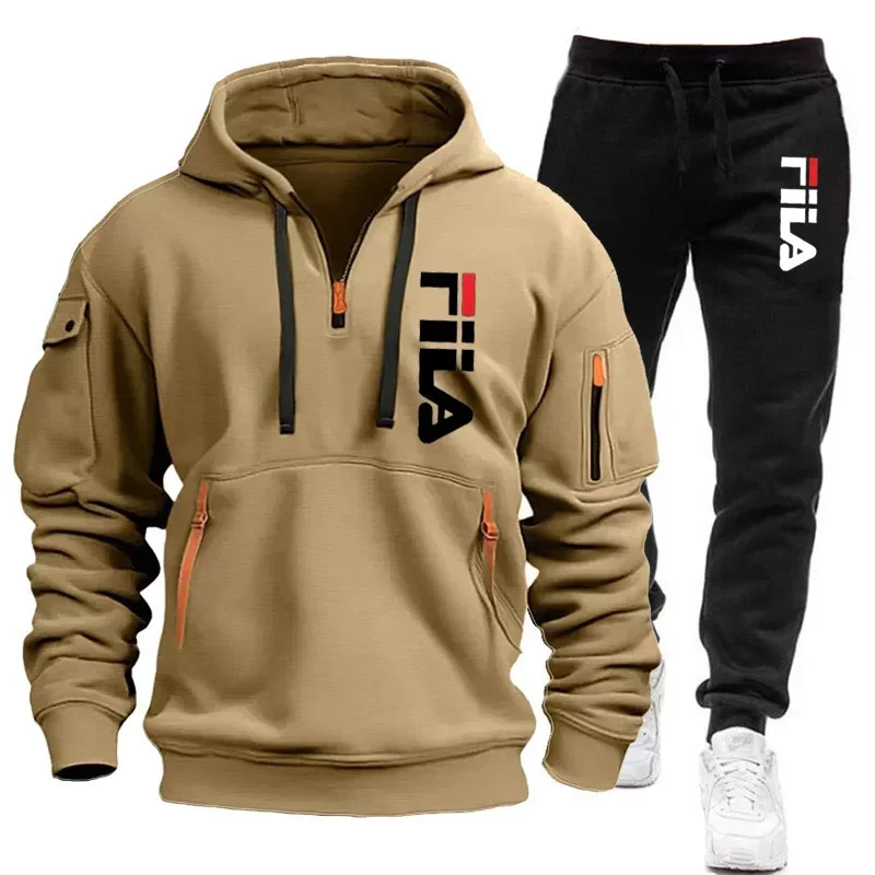 Spring and Autumn street new men's zipper hoodie + pants two-piece set, outdoor multi-pocket men's casual pullover sports suit