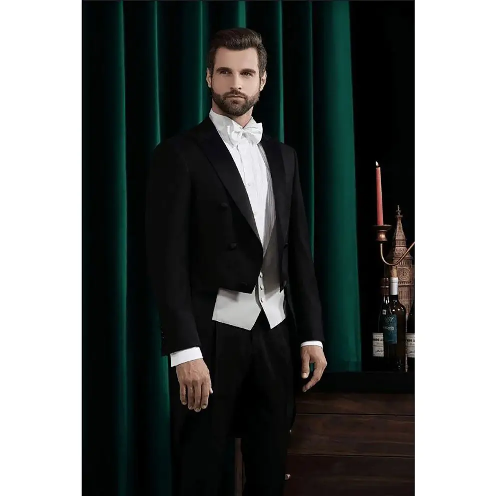 Black Italy Tailcoat Slim Men Suit Double-breasted Peak Lapel 3 Pieces(Jacket+Pants+Vest) Male Formal Wedding Party Set