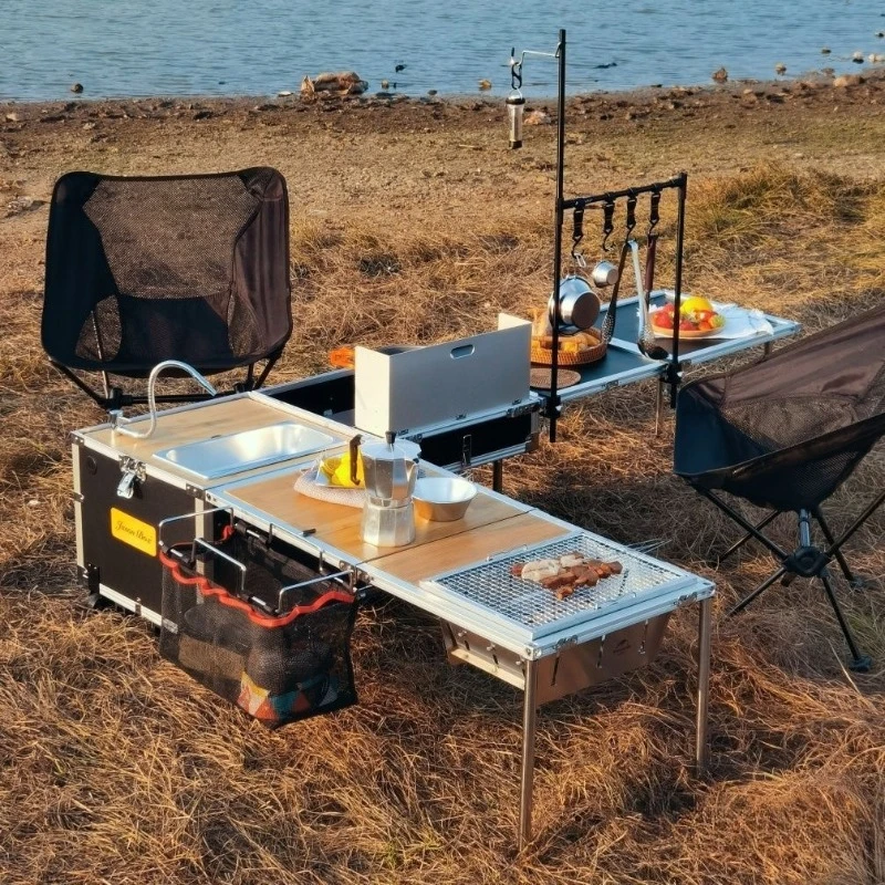 Folding table outdoor carry small kitchen wheel, kitchen multi-function camping box barbecue picnic stove