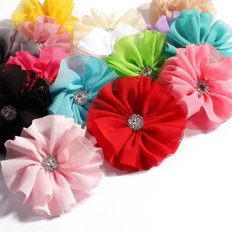 10pcs/lot 6.5cm 15 colors Artificial Solid Chic Ballerina Blossom Chiffon Flowers With Rhinestone Fabric Flowers For Headbands