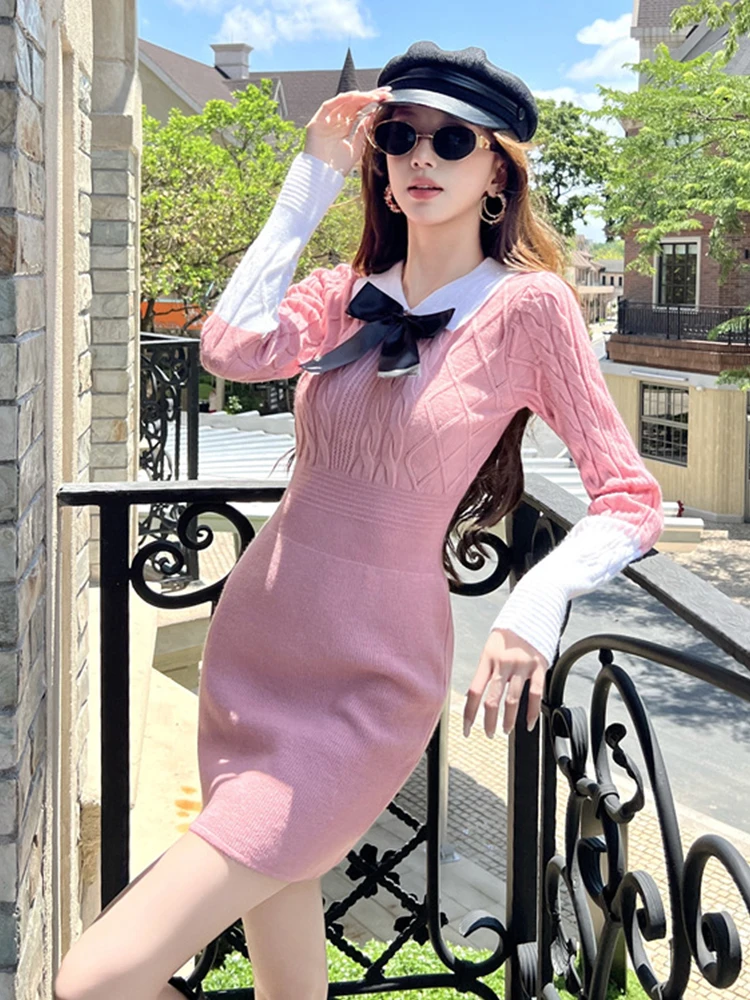 

Женский повседневный вязаный свитер с милым бантом и лацканами, облегающее мини-короткое платье с длинными рукавами, уличная мода, элегантный женский стиль, новинка