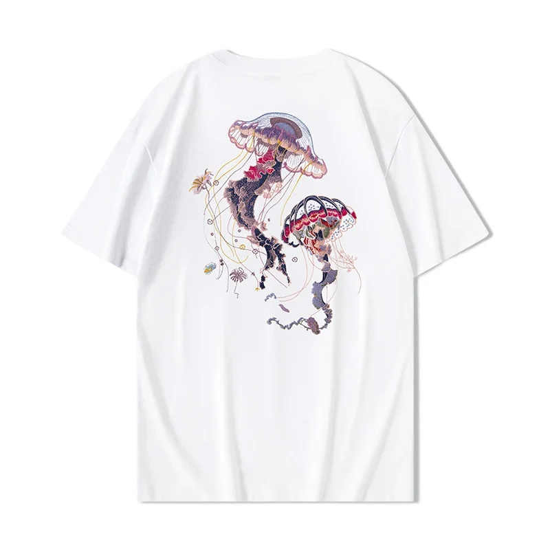 Fashion Embroidery T Shirt Men Jellyfish Graphic T Shirts Women Hip Hop Streetwear Loose Cotton Short Sleeve Summer Tops Unisex