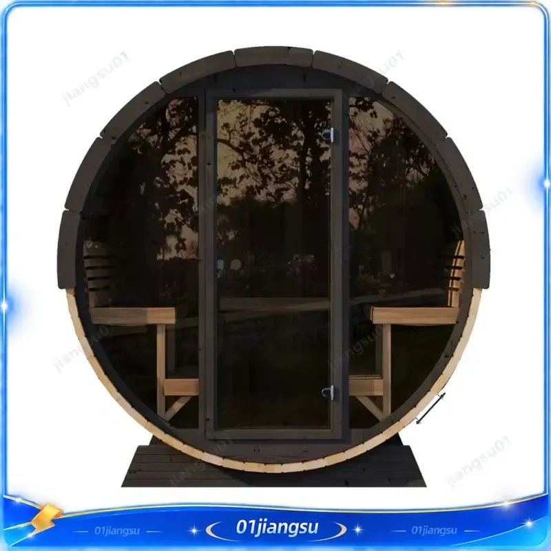 Luxury 1800x1800mm Outdoor Pine Wood Barrel Sauna for 4 Person Black Wood Fired Hot Tub Steam Room Garden Spa Heater
