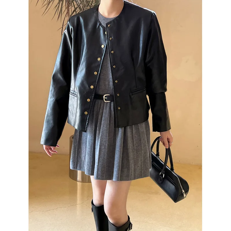 Vintage Pu Leather Short Jacket Women Autumn Korean Single Breasted Logn Sleeve Maillard Coat