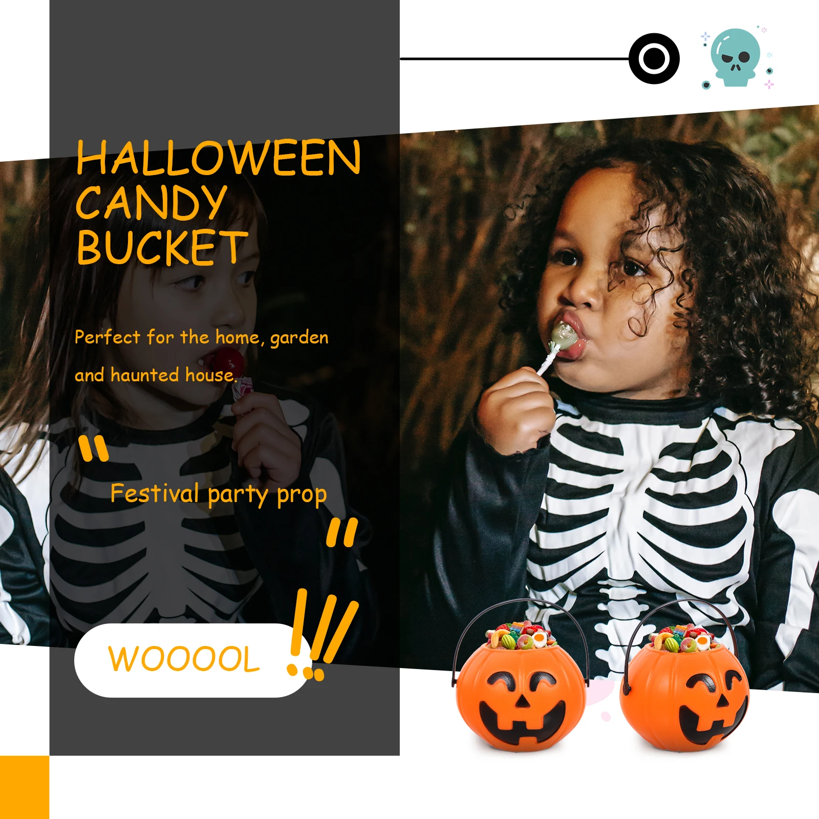 

2pcs 17Cm Bucket Handle Halloween Candy Holder For Party Decor Black Facial Features Halloween