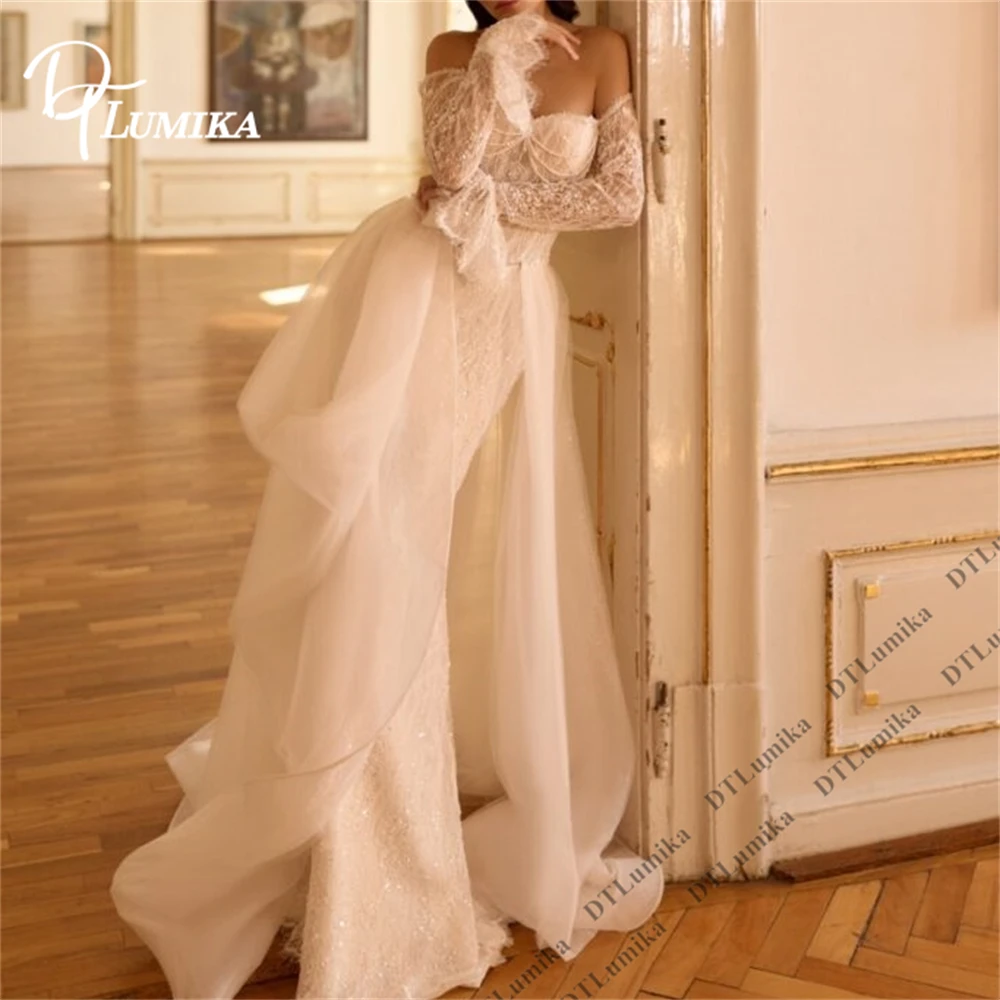 DTLumika Exquisite Beading Bride Dress with Full Sleeves, Detachable Tulle Train Long Wedding Dress Customized Size Bridal Gown