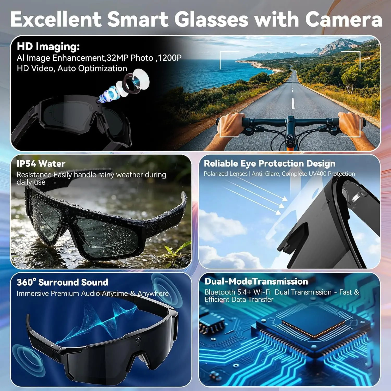 New AI Smart Glasses With Camera 1200P Video Recording Anti-Shake Shooting Sunglasses Bicycle Riding Windproof Goggles Men Women