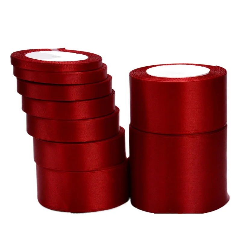 (25 iarde/rotolo) 6mm ~ 75mm Vino Rosso Singola Faccia Nastro di Raso Confezione Regalo Festa di Natale Abbigliamento Cucito Tessuto Nastro Regalo