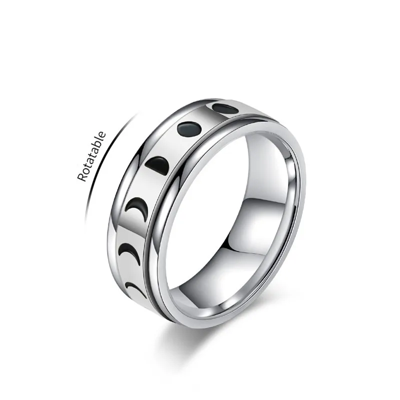 7mm Stainless Steel Crescent Moon Phase Spinner Ring Lunar Eclipse Jewelry for Women Men Size 6-10