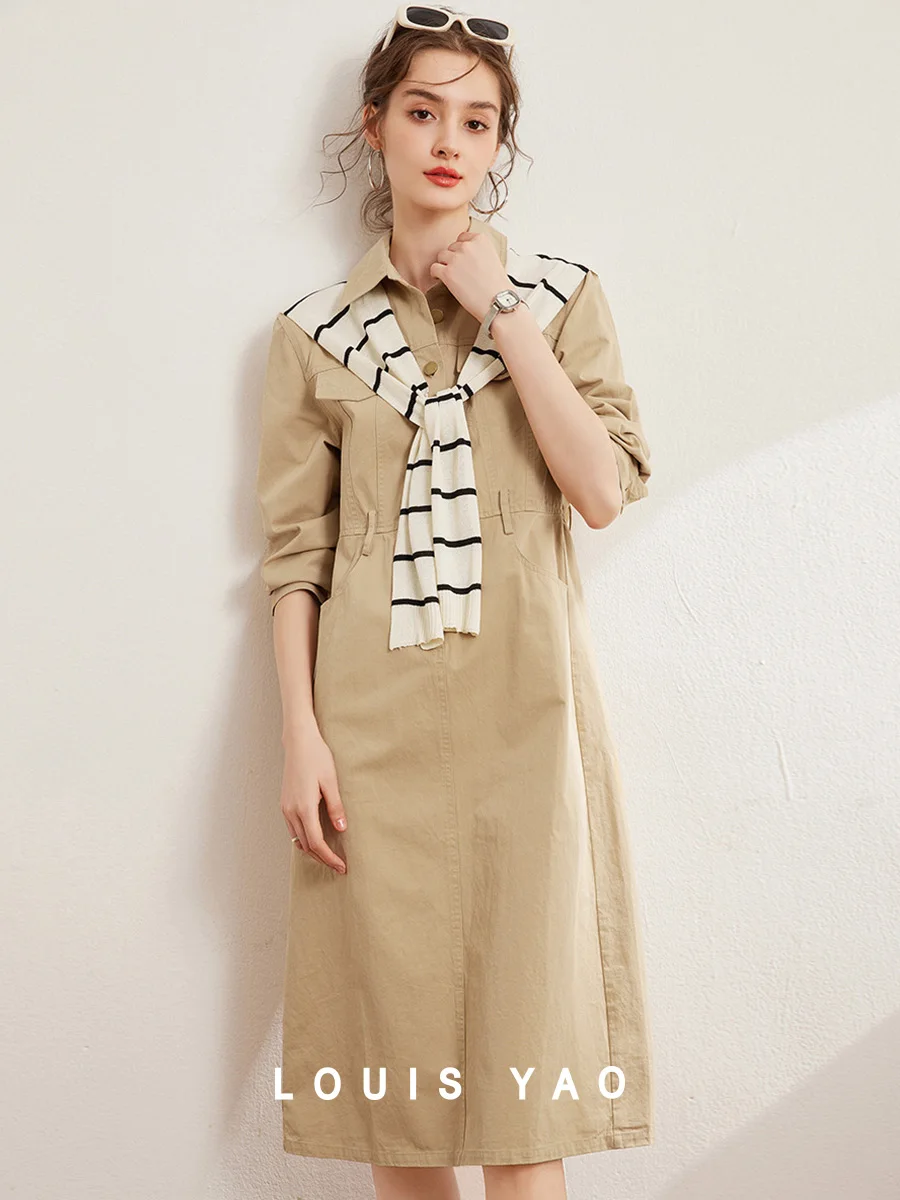 

LOUIS YAO 2025 Spring Autumn Workwear Detachable Shawl Long Skirt Fashionable Casual Lapel Cotton Women's Dress