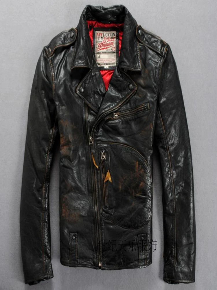 5 days arrival,Men's Genuine Leather Black Jacket Vintage Classic Motorcycle Biker Soft Cowhide Autumn Russia Coat