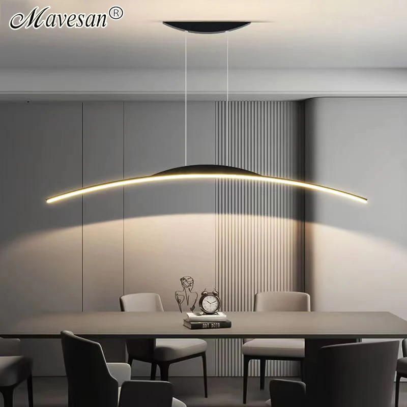 

Modern Simple LED Chandelier Dining Room Table Lines Pendant Light Nordic Creative Coffee Bar Counter Long Strip Hanging Lamp