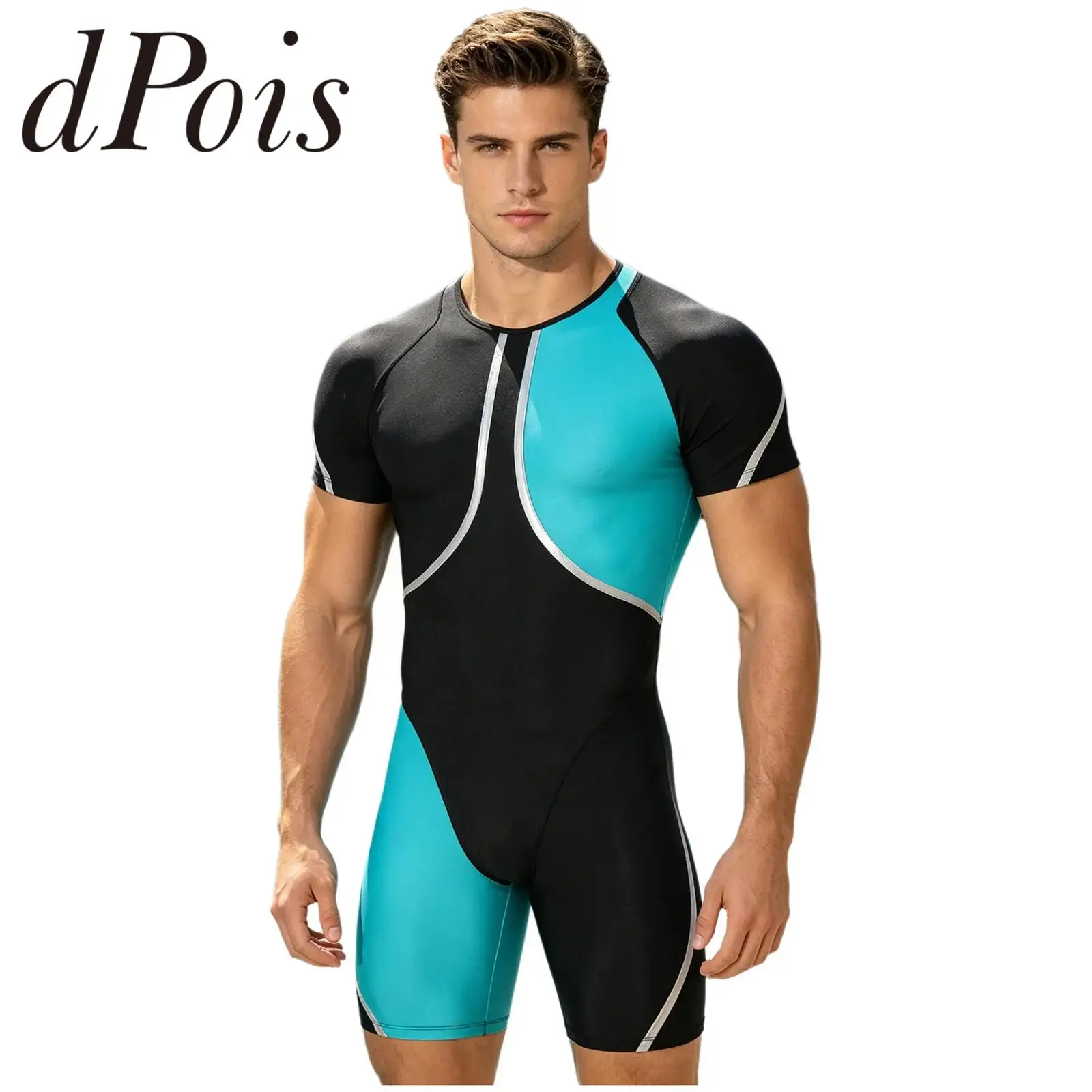 Men's Swimsuit Short Sleeve Swimwear One-piece Unitards Metallic Trim Swimming Suits Color Block Jumpsuit Bodysuit Rash Guards