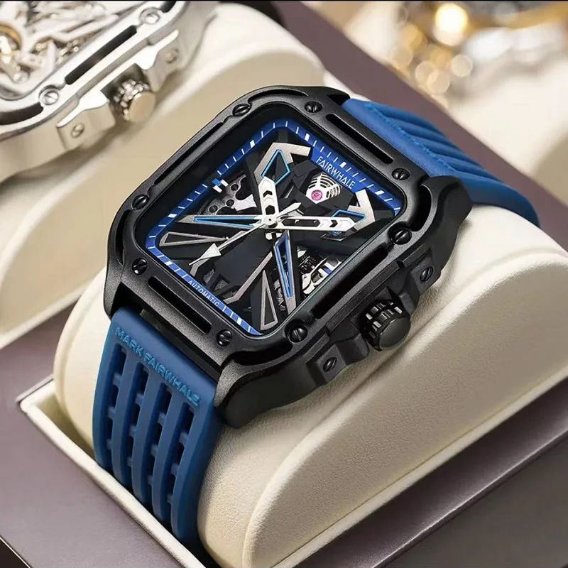 Mark Fairwhale Luxury Automatic Watch Mens Original Fashion Sports Waterproof Hollow Square Tourbillon Mechanical Wristwatch Man