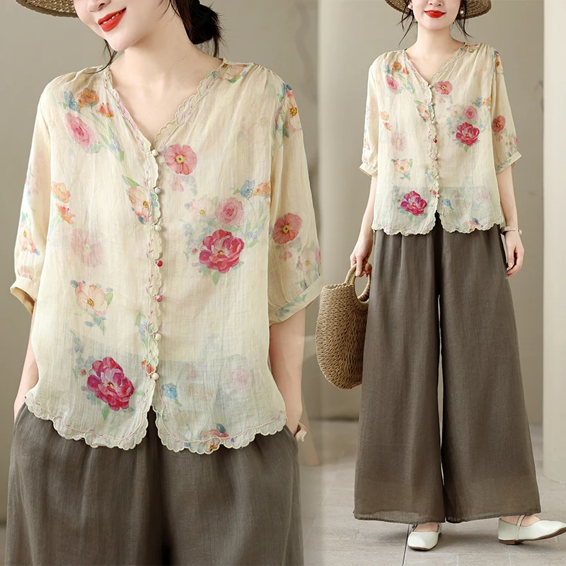 

Chinese Style Women's Blouses Vintage Printed Shirts Fashion Loose V-neck Summer Clothing Short Sleeves Cotton Linen Women Tops