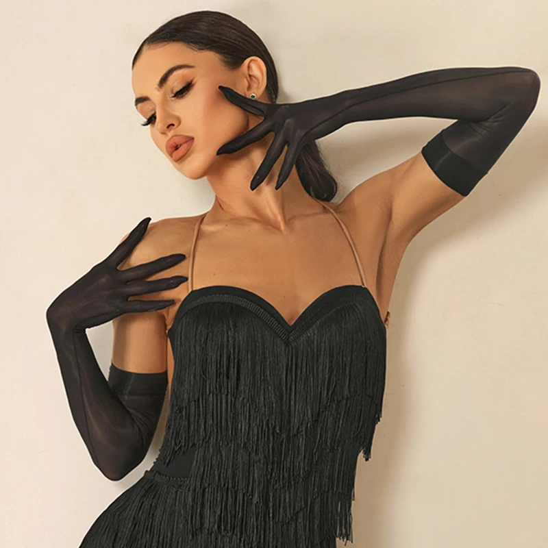 2025 女性ラテンダンスアクセサリー黒メッシュ手袋チャチャルンバ社交ダンスパフォーマンス服飾り袖 DNV22017