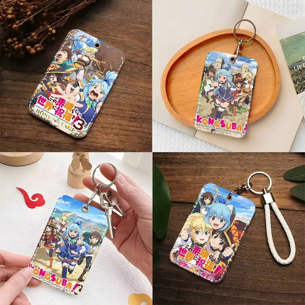 1pc Kono Subarashii Sekai Ni Shukufuku Wo! Card Case Keychain Access Card Bag Key Tag Ring Leather Card Holder Key Ring Access