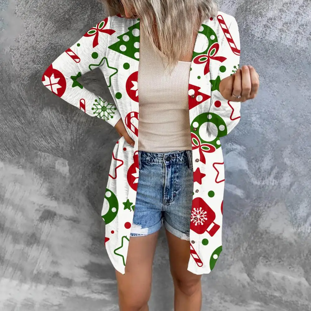 Christmas Printed Women Mid-length Coat European And American Women Fashion Button Long Sleeved Thin Cardigan Jacket Women Coat