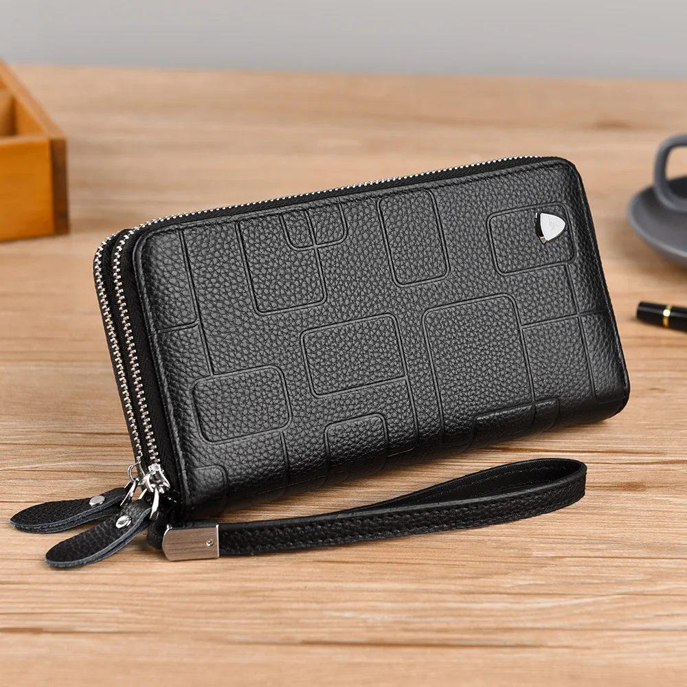 Men's genuine leather clutch, large-capacity mobile phone storage, double-zipper business long wallet