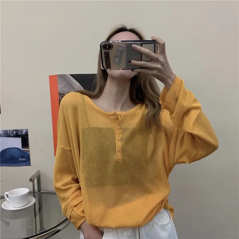 Camisetas de manga larga para mujer, Tops de algodón azul de gran tamaño, cómodos, con cuello redondo, transpirables, Retro, para ir al trabajo diario