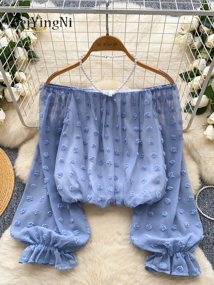 

Beiyingni Woman's Slash Neck Halter Shirts Blouses Solid Color Heavy Industry Embroidery Flare Sleeve Blusas Women Blue French