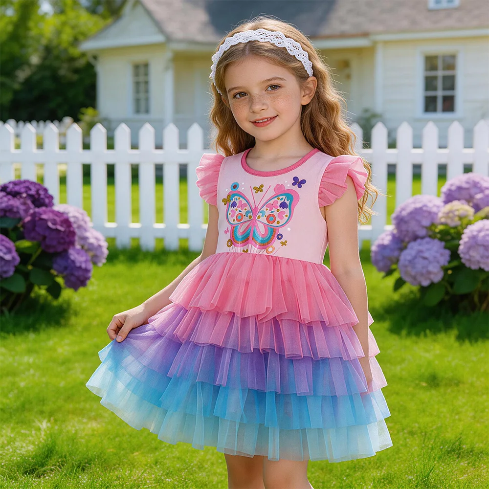 Mädchenkleid mit Schmetterlingsdruck und Stufen-Tüllrock, Flatterärmel, Sommerliches Rosa Tutu-Kleid, Ombre-Partykleid, Elegantes Tanzoutfit für Kinder – Detail 3