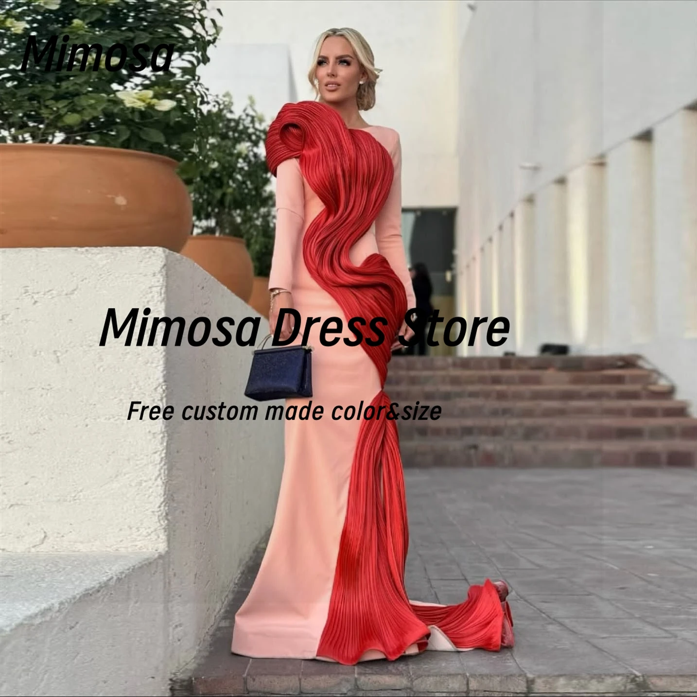 

Mimosa Elegant Women' Prom Dresses Long Sleeves Evening Dress Contrast Color Ruched Vestidos Des Fiesta Customized